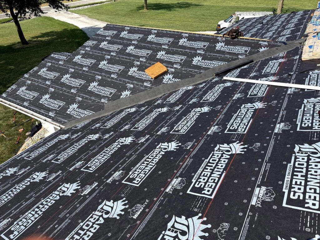 New roof underlayment installed during an asphalt roof replacement in Shiloh, IL by Barringer Brothers Roofing.