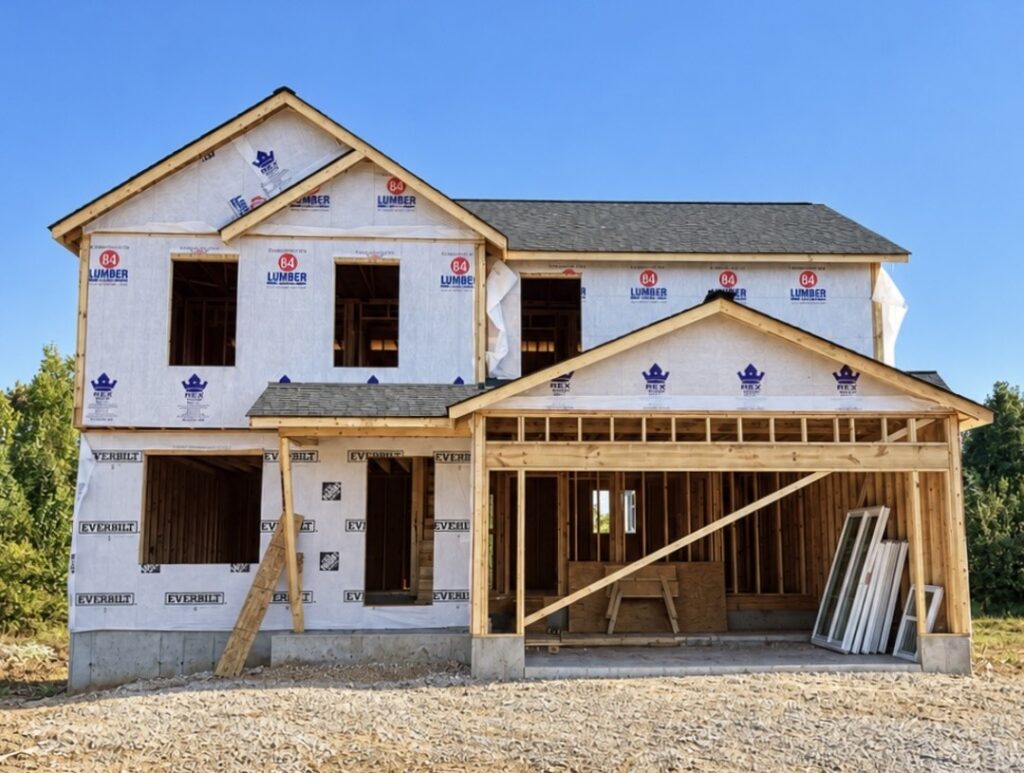 Asphalt shingle roof installed on a new construction home in Belleville, IL by Barringer Brothers Roofing.