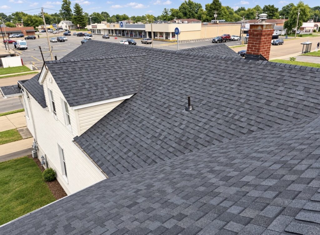 Completed charcoal asphalt shingle roof replacement on a residential home in Belleville, IL, by Barringer Brothers Roofing.